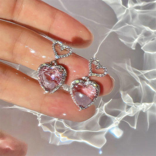 Pink Crystal Heart Earrings For Women Girls Niche Design Earrings Birthday Jewellery Gift