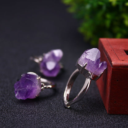 Star Rain Natural Crystal Amethyst Cluster Rough Stone Ring