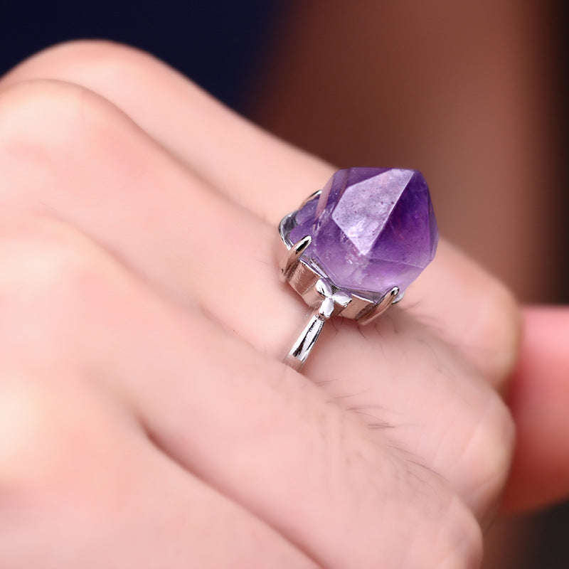 Star Rain Natural Crystal Amethyst Cluster Rough Stone Ring