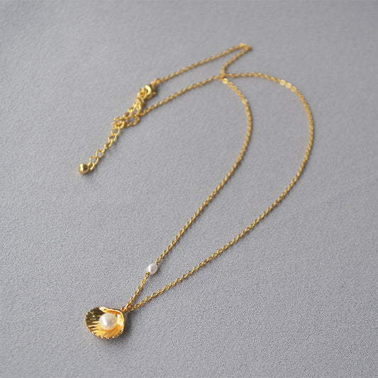 Brass Gold-plated Minimalist Gold Shell Freshwater Pearl Necklace