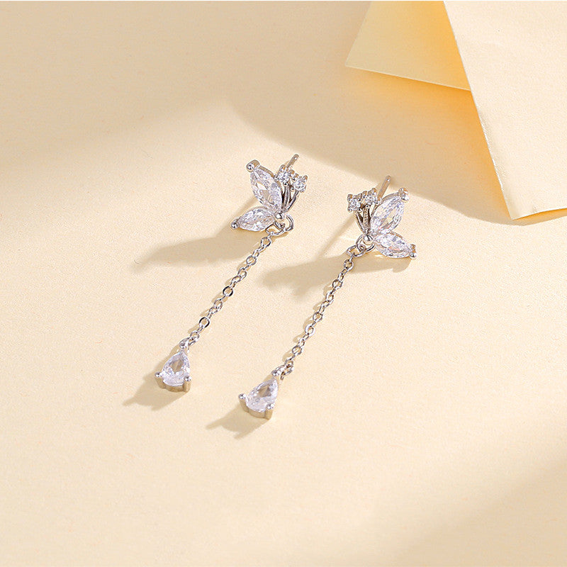 S925 Butterfly Zircon Tassel Earrings Women's Exquisite Long Earrings Jewelry