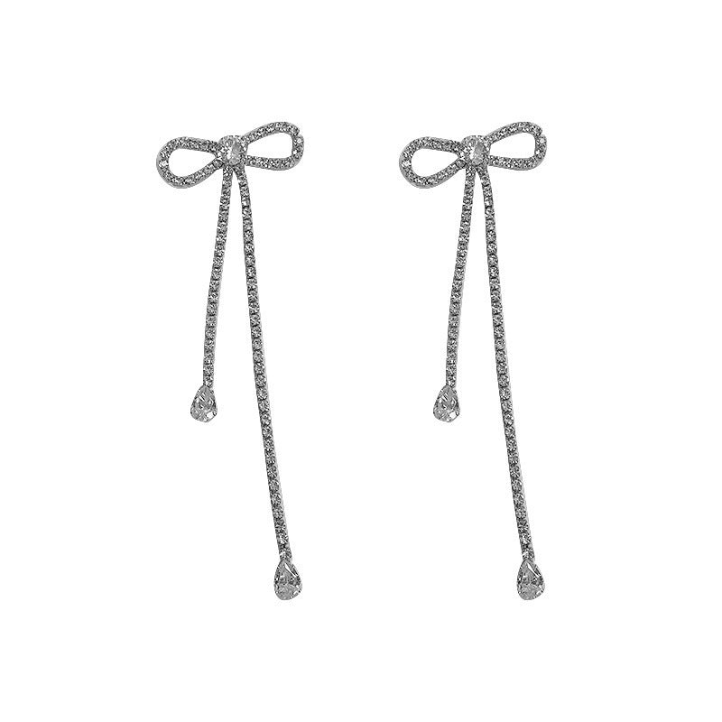 Fashion Jewelry Silver Needle Long Bow Tie Full-jeweled Stud Earrings For Women