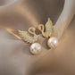 Sterling Silver Needle Korean Swan Zircon Pearl Stud Earrings