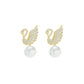 Sterling Silver Needle Korean Swan Zircon Pearl Stud Earrings