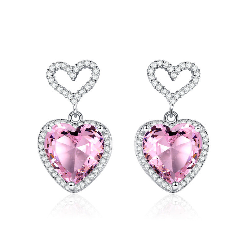 Pink Crystal Heart Earrings For Women Girls Niche Design Earrings Birthday Jewellery Gift