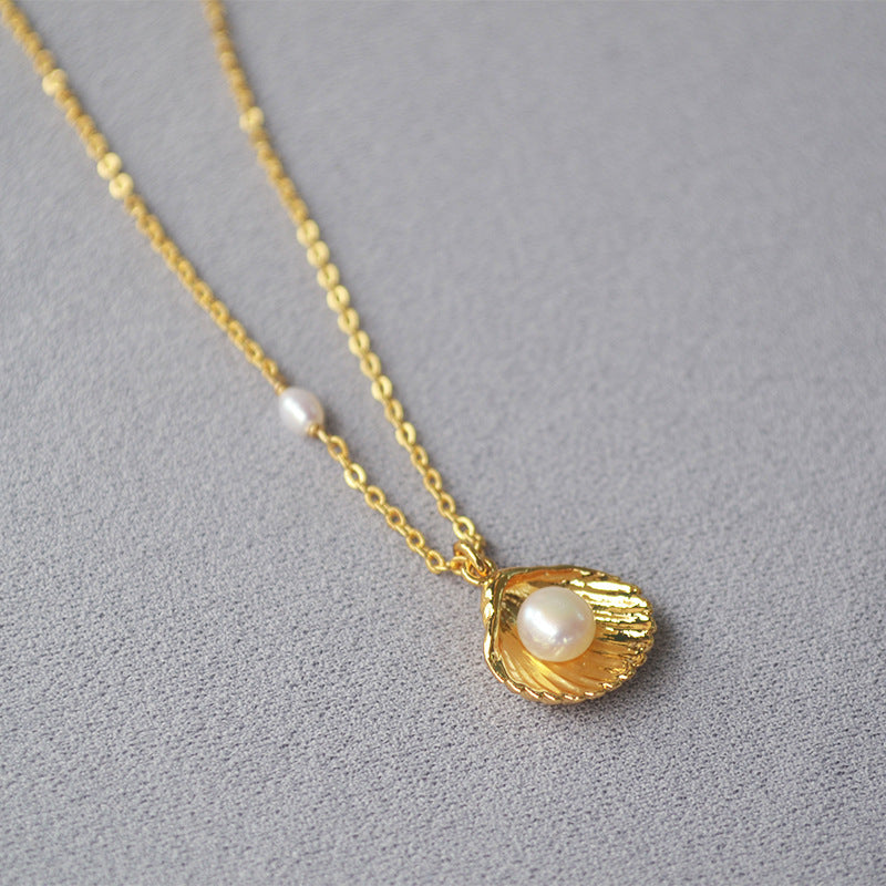 Brass Gold-plated Minimalist Gold Shell Freshwater Pearl Necklace