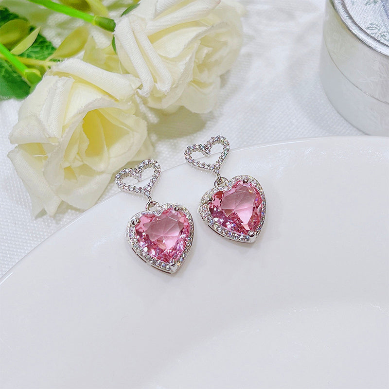 Pink Crystal Heart Earrings For Women Girls Niche Design Earrings Birthday Jewellery Gift