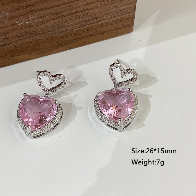 Pink Crystal Heart Earrings For Women Girls Niche Design Earrings Birthday Jewellery Gift